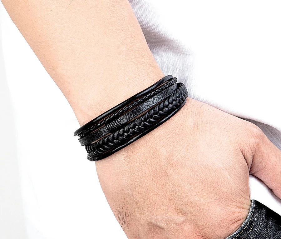 Mens Leather Bracelet Magnetic Buckle Multilayer Bangles - Smarsty