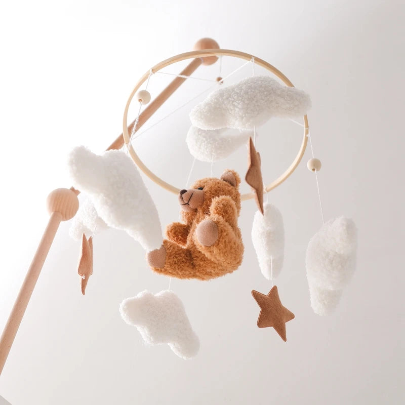 Wooden Crib Mobile Baby Bed Bell Rattle Toy Soft Felt Cartoon Bear Mobile Hanging Newborn Music Box Bed Bell Hanging Bracket Toy by Smarsty