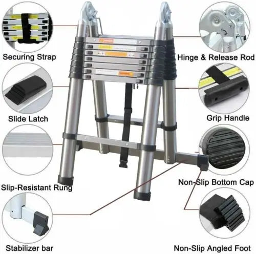 DayPlus Telescoping Ladder Stainless Steel Folding Ladder Portable Extendable Loft Ladder Capacity Max Load 150kg/330lb,EN131