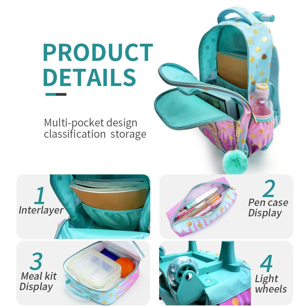 Pink Rolling Backpack For Girls With Glow In The Dark - Smarsty