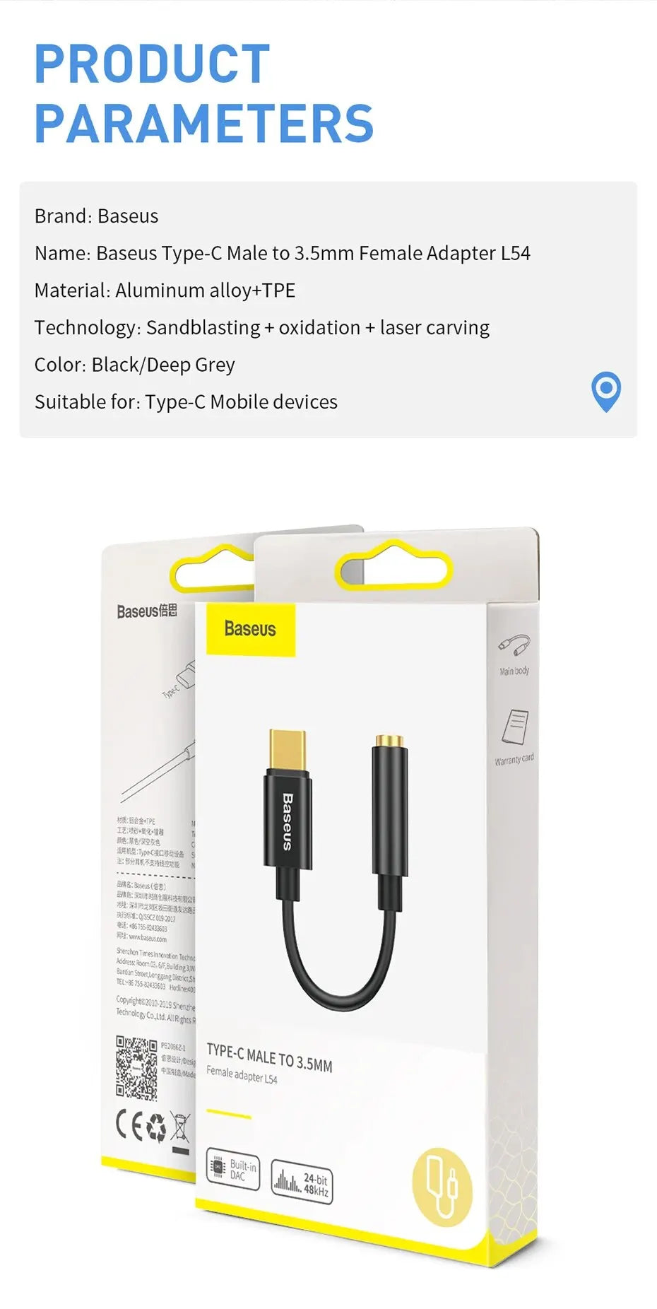 Baseus Type C to 3.5mm Audio Adapter for Headphones - Smarsty