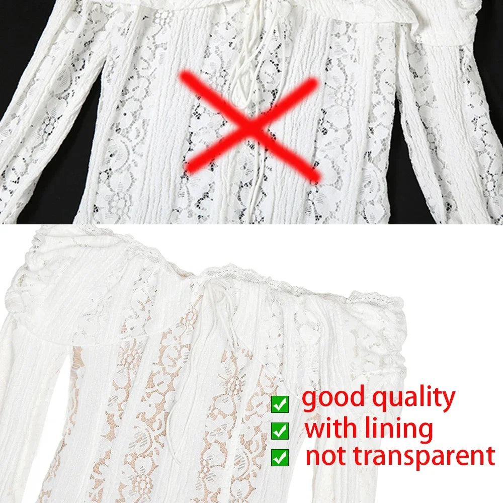Suninheart White Off The Shoulder Autumn Bodycon Dress 2025 Long Sleeve Elegant Lace Maxi Dress Wedding Guest Dress for Women