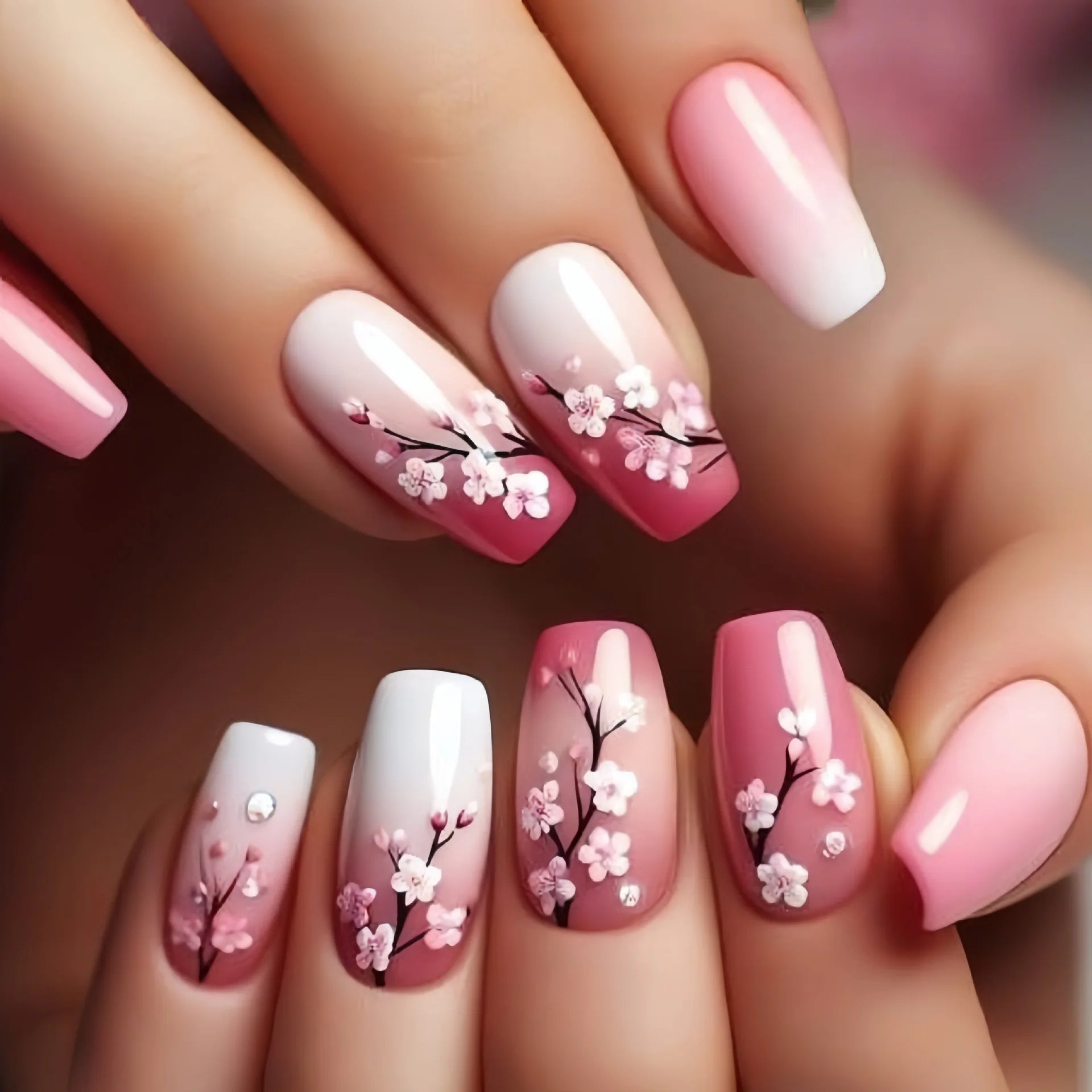 24 Piece Set Medium Long Press On Nails with Peach Flower Design - Smarsty