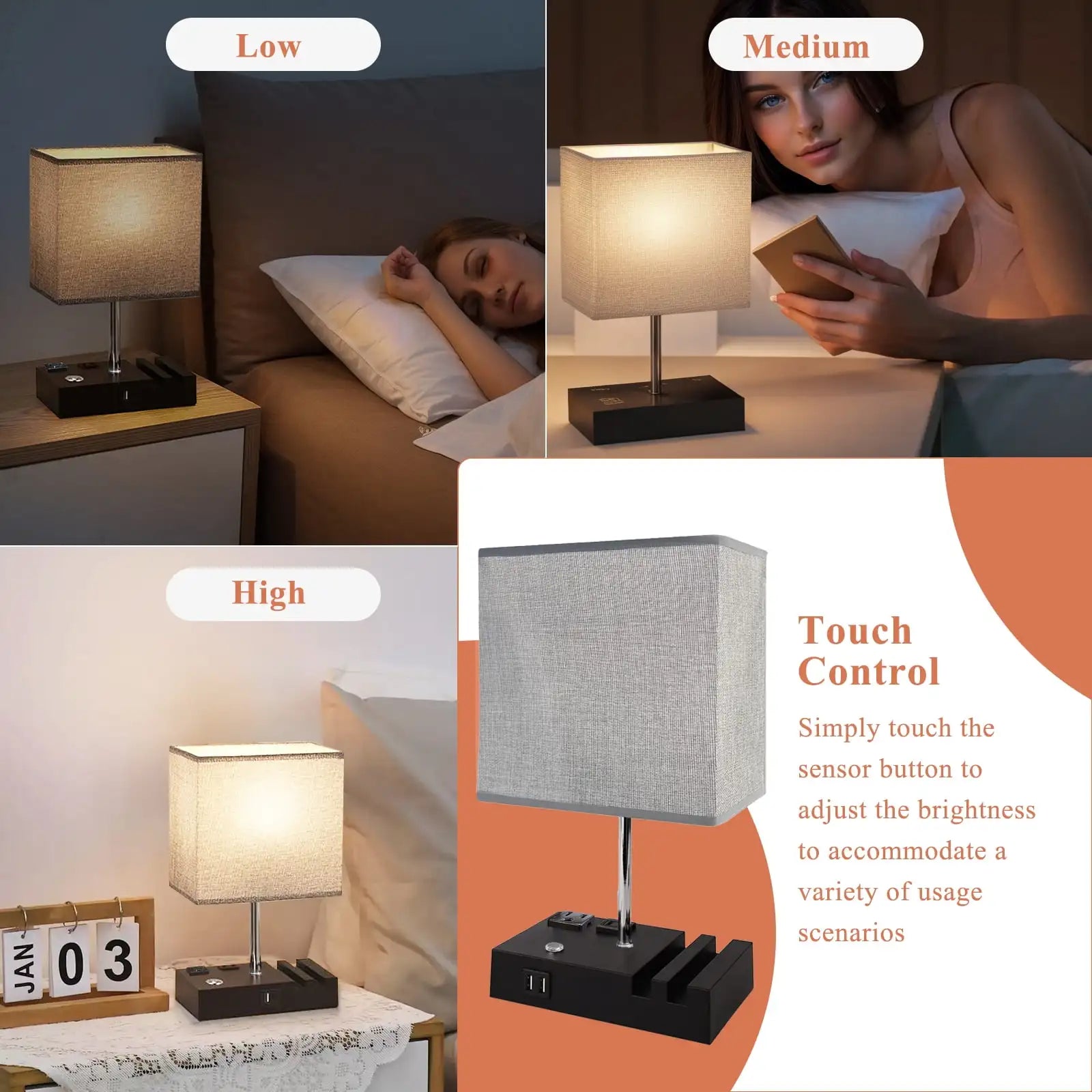 SZRSTH 15.7" Bedside Table Lamp for Bedroom, Dual Fast USB Charging Ports, Fully Dimmable Nightstand Lamps