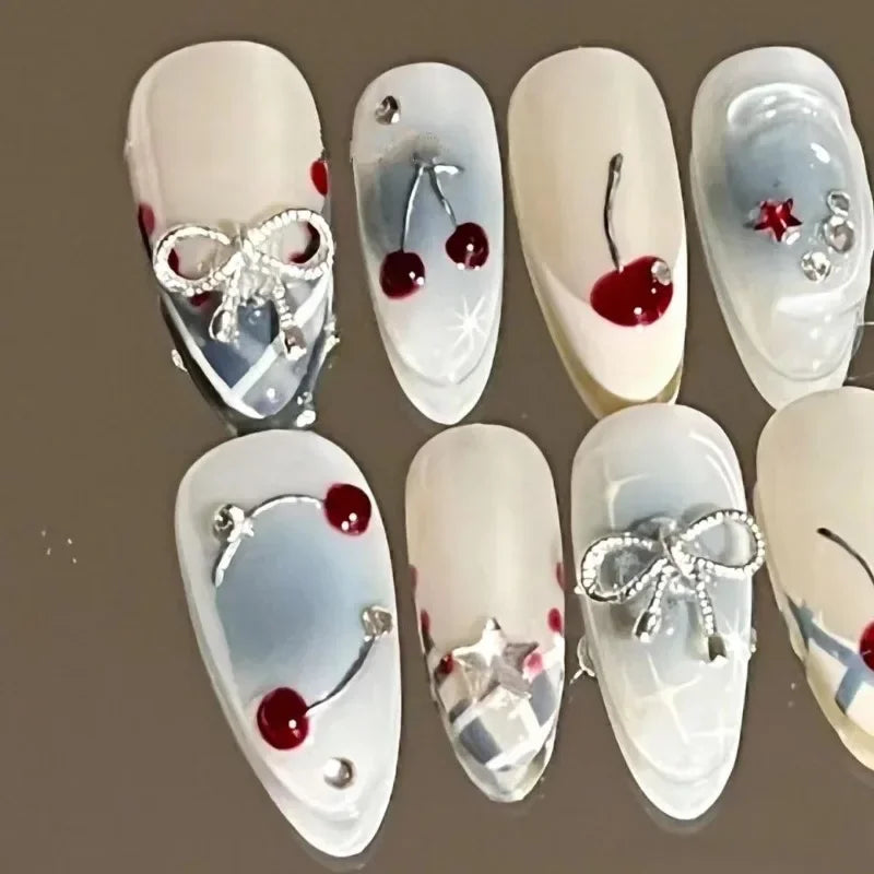 10Pcs Handmade French Almond Press On Nails with Cherries Design - Smarsty
