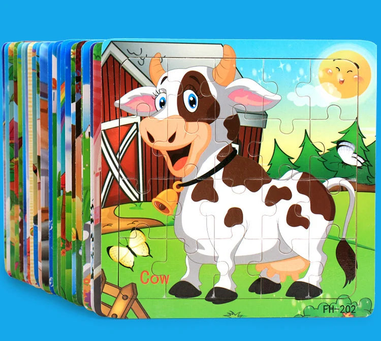 New 20 Piece Wooden 3d Puzzle Cartoon Animal Vehicle Jigsaw Puzzle Montessori Educational Toys For Kids Baby 1 2 3 Years by Smarsty