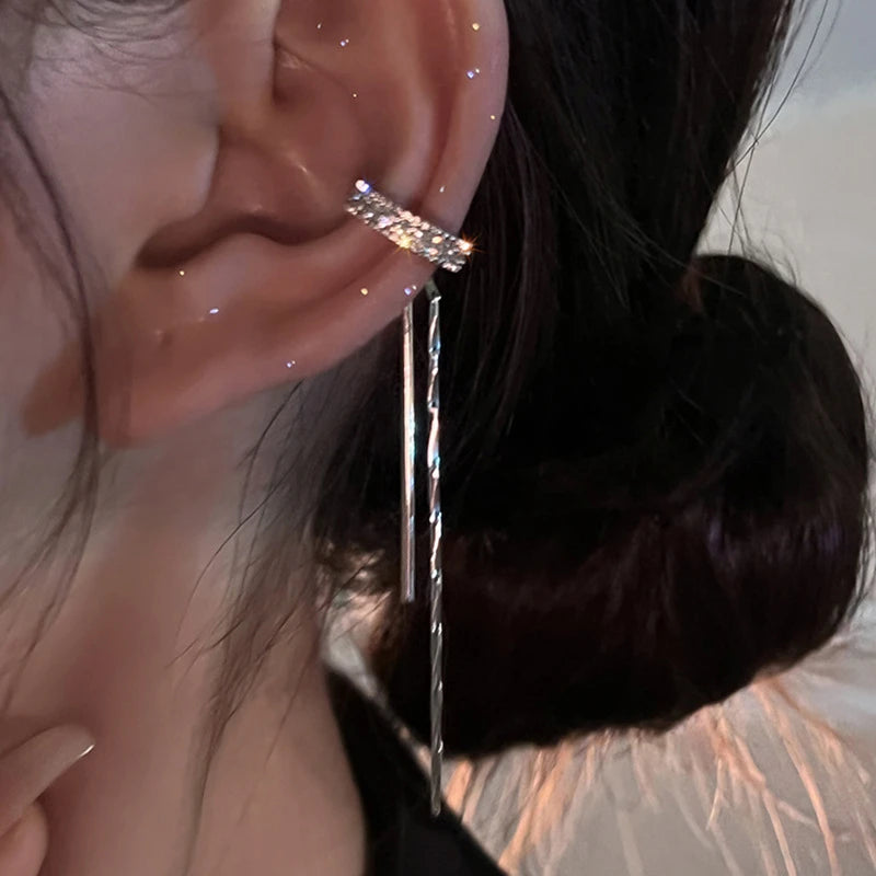 Silver Crystal Tassel Non Piercing Ear Cuff Clip Earrings - Smarsty
