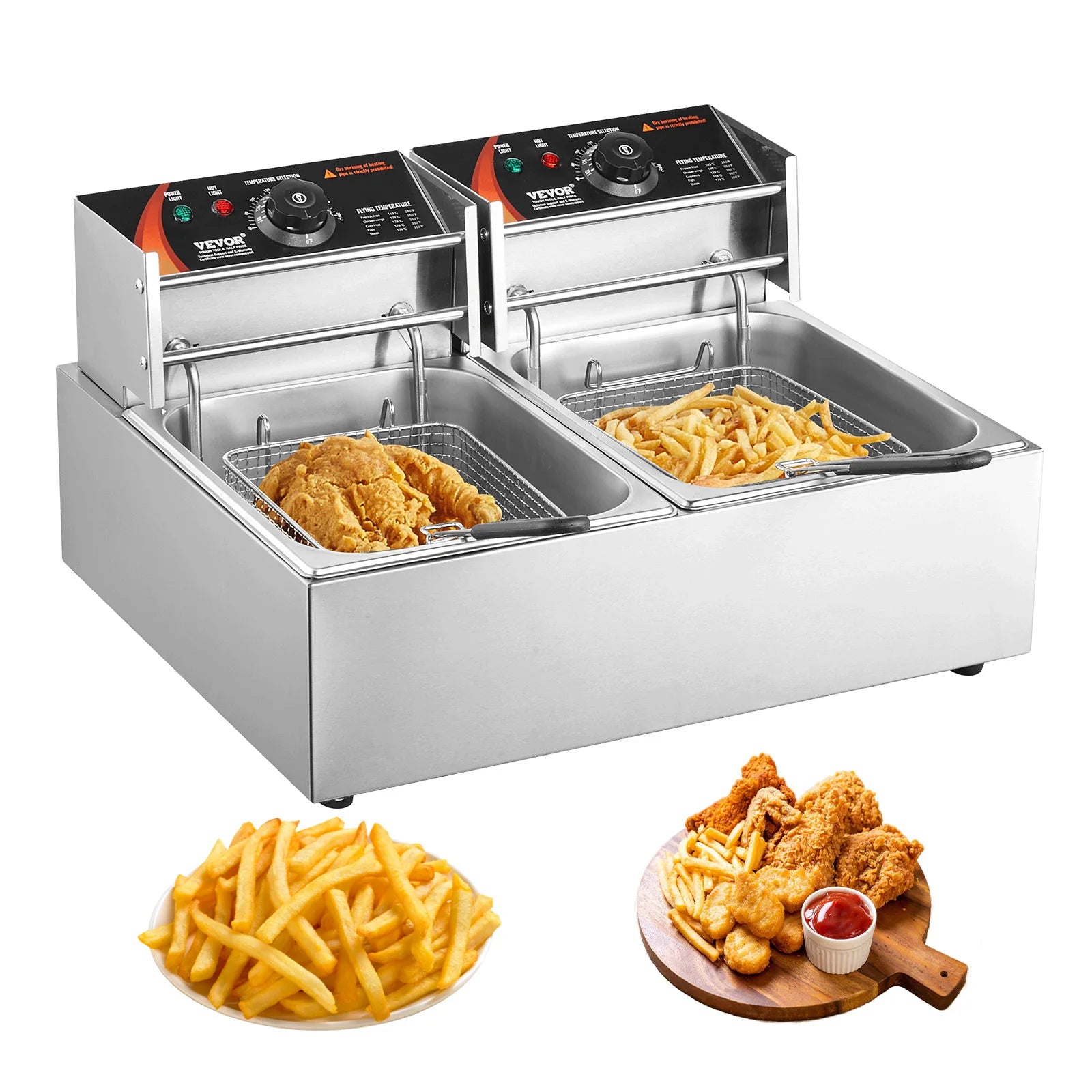 SucceBuy 12L Electric Deep Fryer w/Dual Removable Tanks Commercial Countertop Fryer for Chicken French Fries Frying Chips