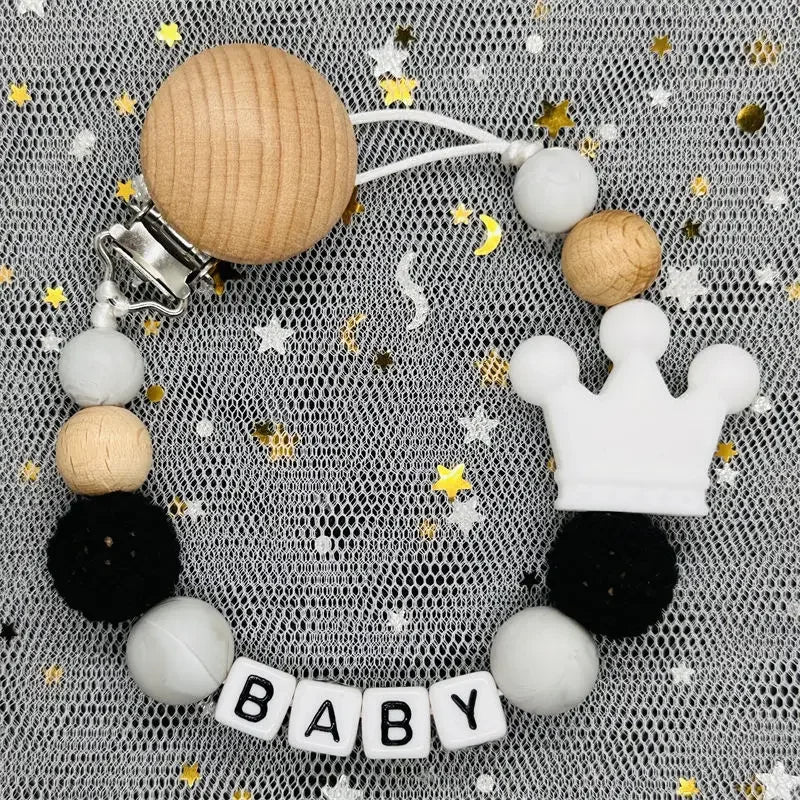 NEW Custom Personalized Name Pacifier Clip Handmade Beech Wooden Chain Silicone Crown Holder Soother Baby Teething Toy Chew Gift by Smarsty
