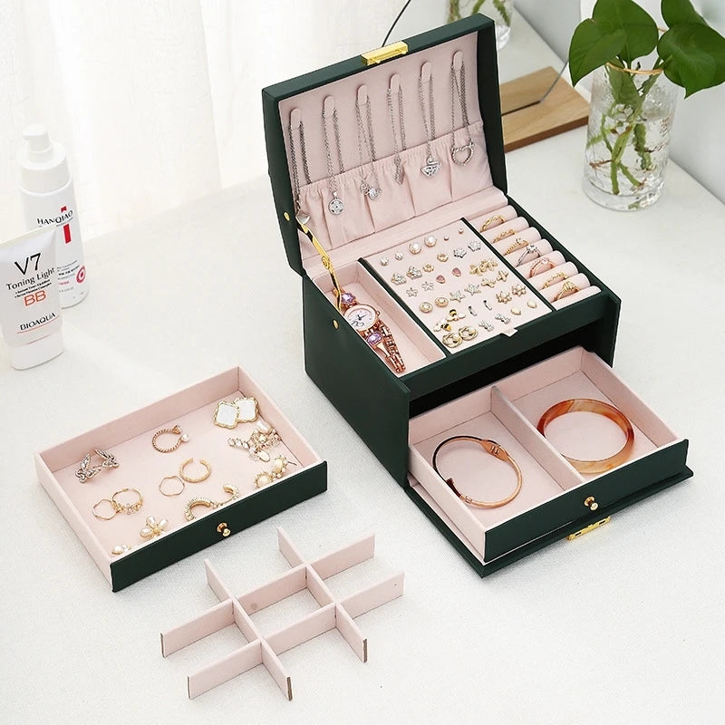 Multi Functional Three Layer Leather Jewelry Box - Smarsty