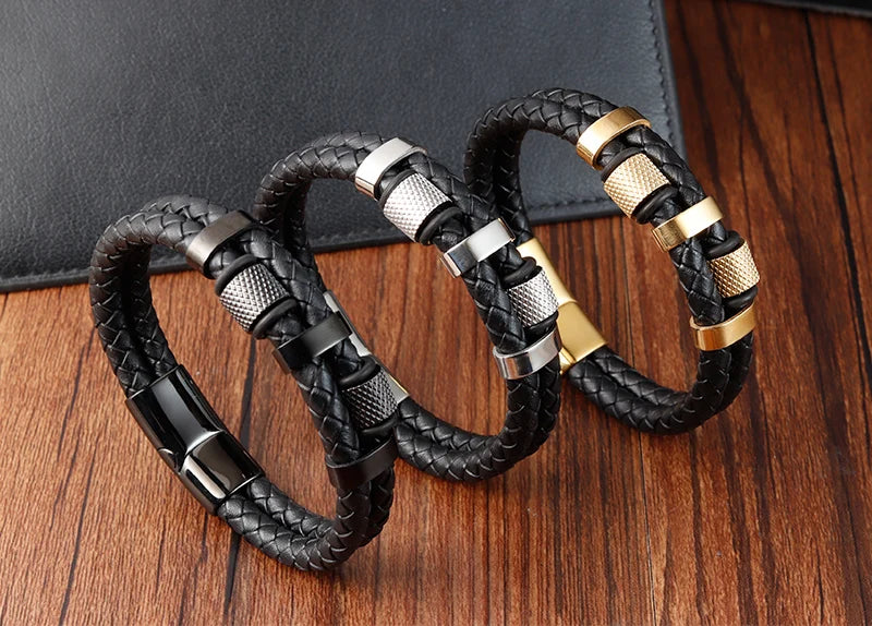 Men's Leather Charm Bracelet Stainless Steel Magnetic Clasp - Smarsty