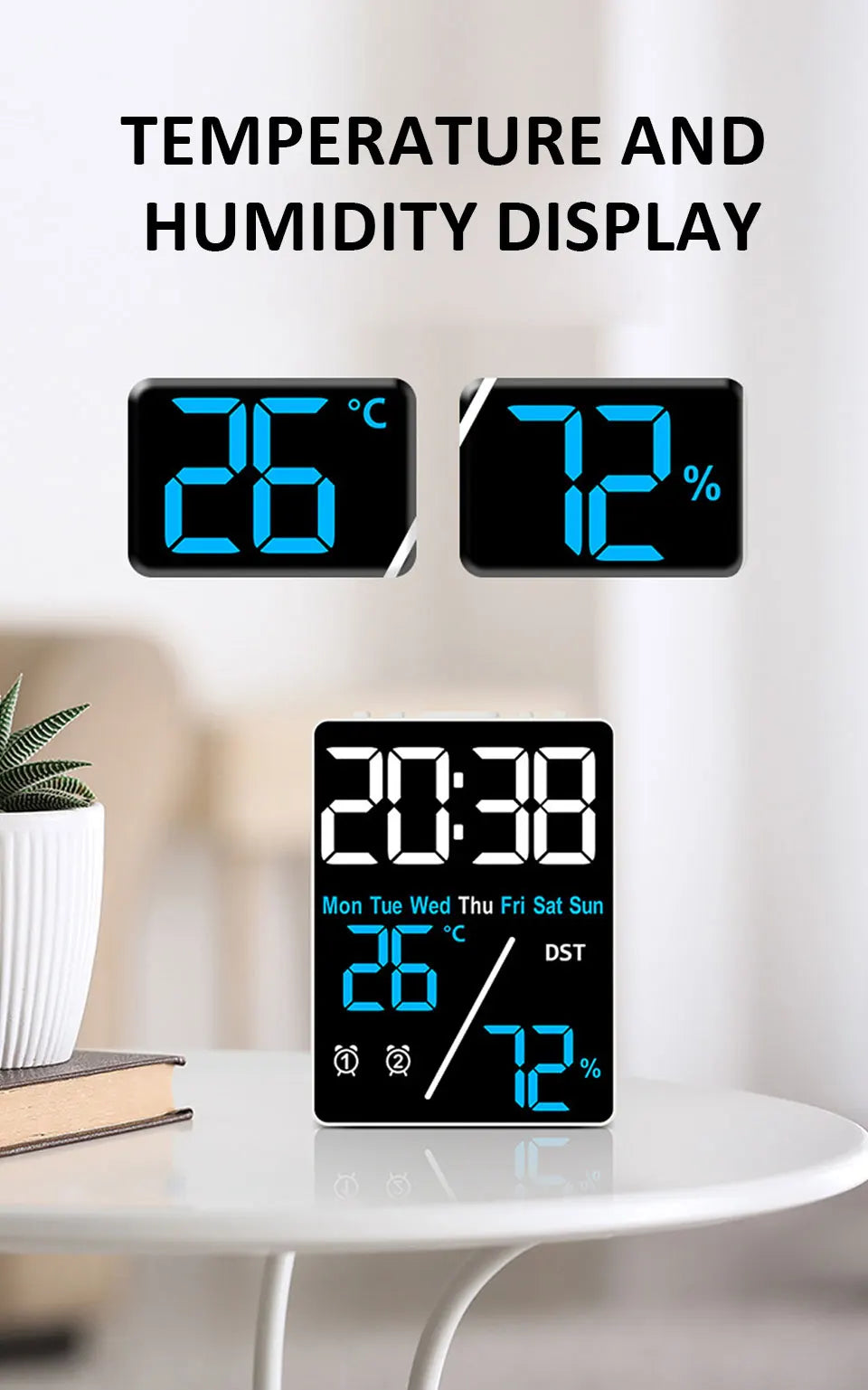 Multifunctional Large Screen Digital Alarm Clock with Humidity Display - Smarsty