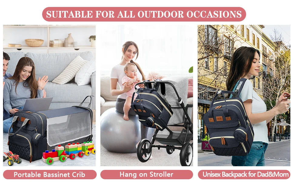 3 In 1 Diaper Bag Backpack Foldable Baby Bed Waterproof Travel Bag with USB Charge Diaper Bag Backpack with Changing Bed 3 types by Smarsty