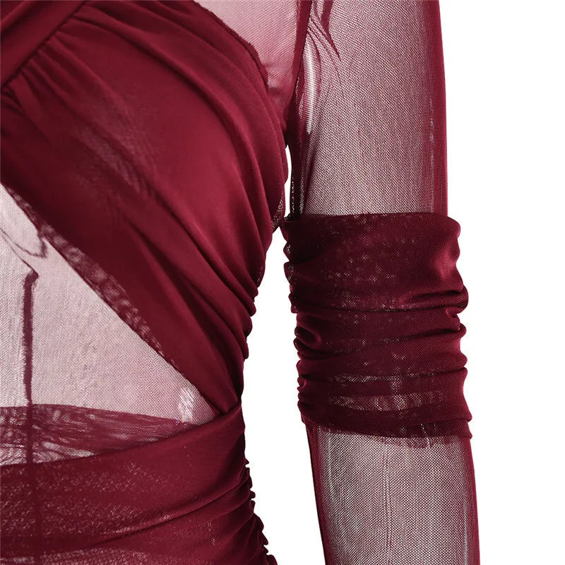 Mozision Mesh Ruched Sexy Maxi Dress For Women Fashion Zipper Patchwork See Through Long Sleeve Elegant Club Party Long Dress - Smarsty