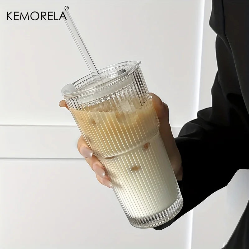600ML Eco-Friendly Stripe Glass Coffee Cup with Lid - Smarsty