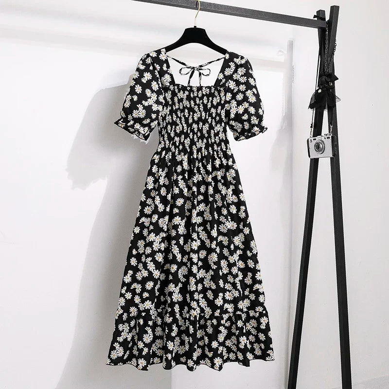 Spring Summer Chiffon Dresses Fashion Female Elastic Waist Short Sleeve Pleated Casual Dress Women A-line Dresses Vestidos - Smarsty