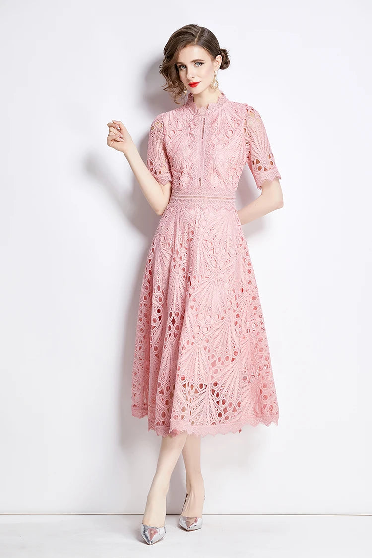 H Han Queen Spring New Elegant Casual Work Party Dresses Floral Crochet Hollow Out Lace Patchwork Casual Office Midi Dress - Smarsty