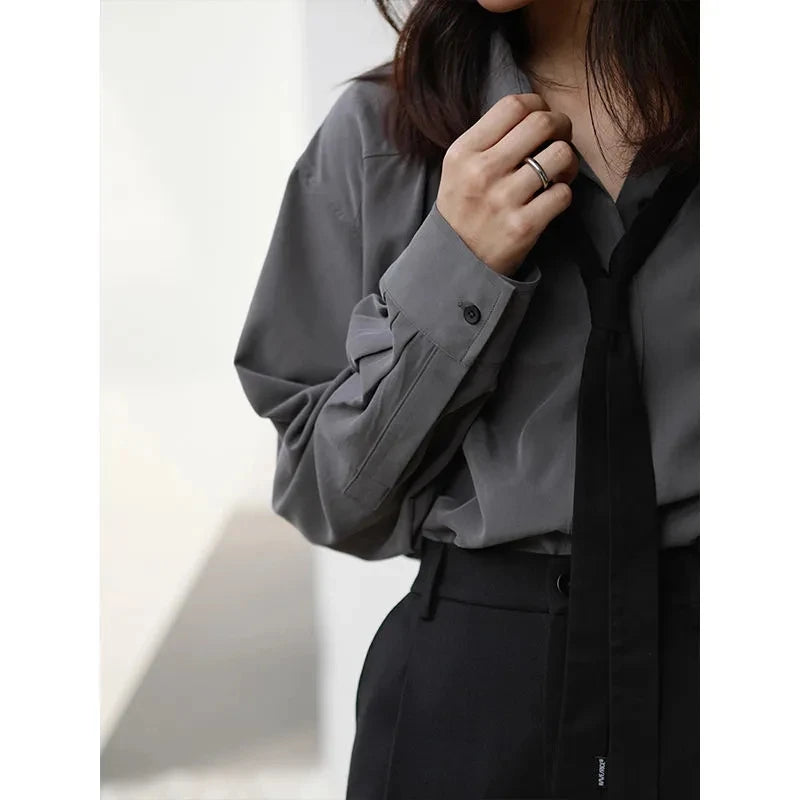 2025 Summer Minimalist Long Sleeve Button Up Shirt Women Korean Style Solid Tie Oversize Shirts Blouse Loose Clothes Autumn Tops - Smarsty