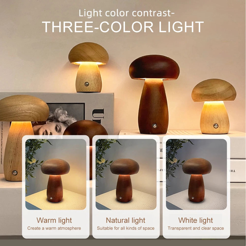 Wooden Mushroom Night Light with Stepless Dimming - Smarsty
