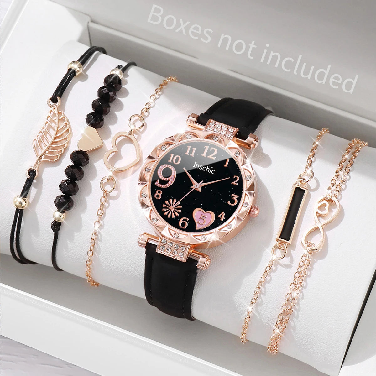 Fashion Heart Dial Women's Watch Set with Leather Band - Smarsty