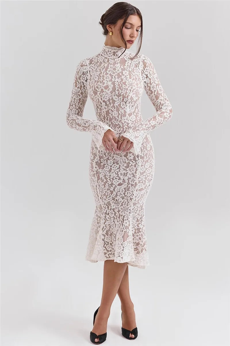 Mozision Lace Long Sleeve Sexy Midi Dress For Women Elegant White Half High Collar High Waist Bodycon Club Party Sexy Long Dress - Smarsty
