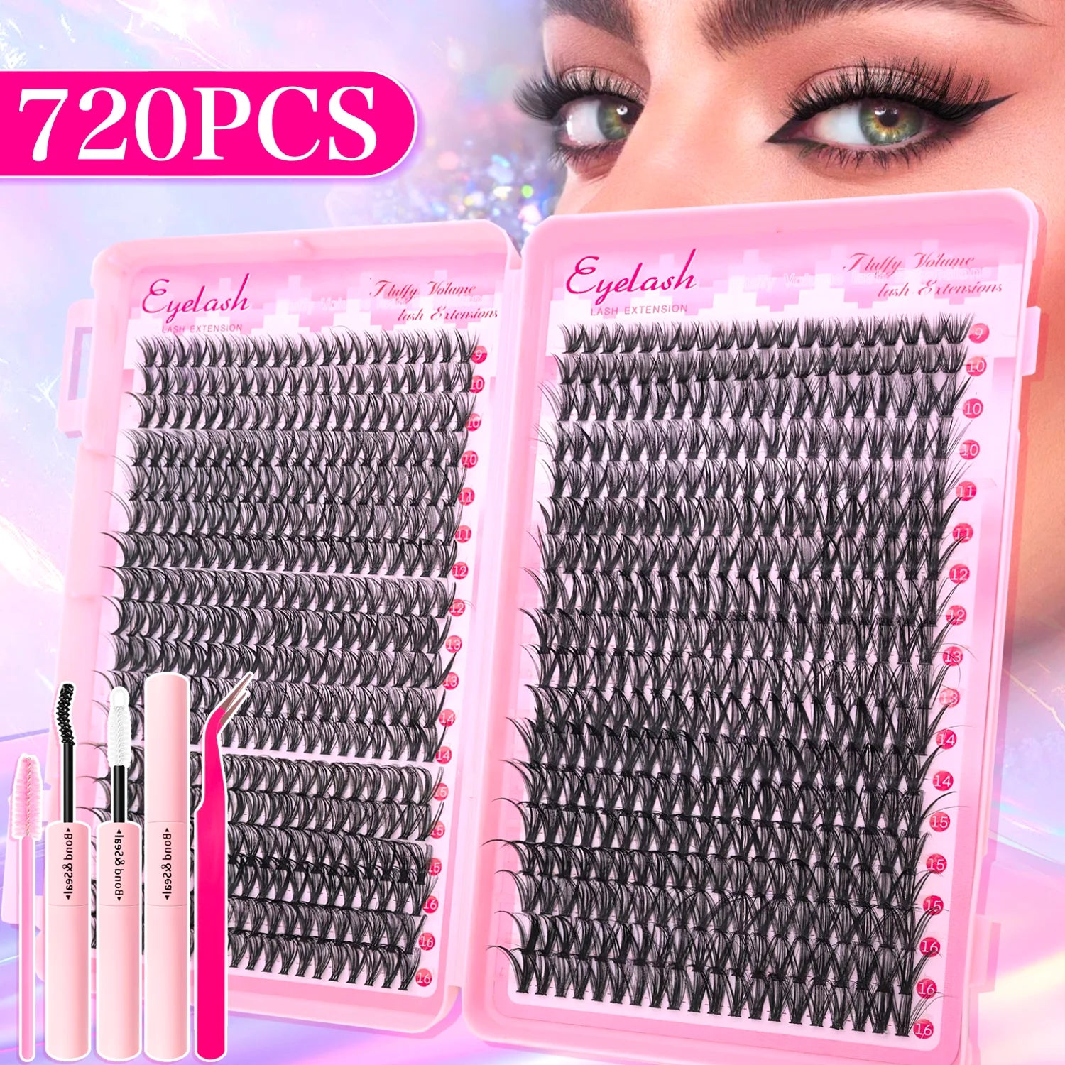 720/200pcs eyelash Extension Kit Fluffy Eyelash Extension kit with Lash Bond and Seal Lash Tweezers Thick Lash Clusters Wispy - Smarsty