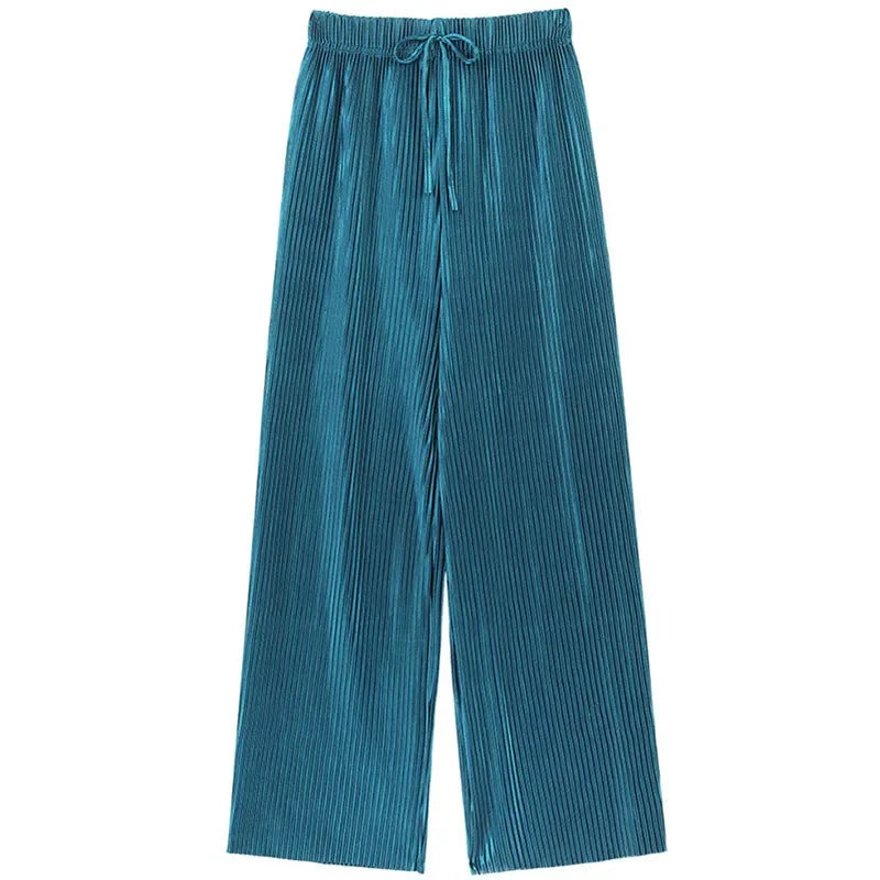 Women Fashion Summer Wide Leg Pants Pleated Ice Silk Trousers Elastic Waist Loose Casual Pants - Smarsty