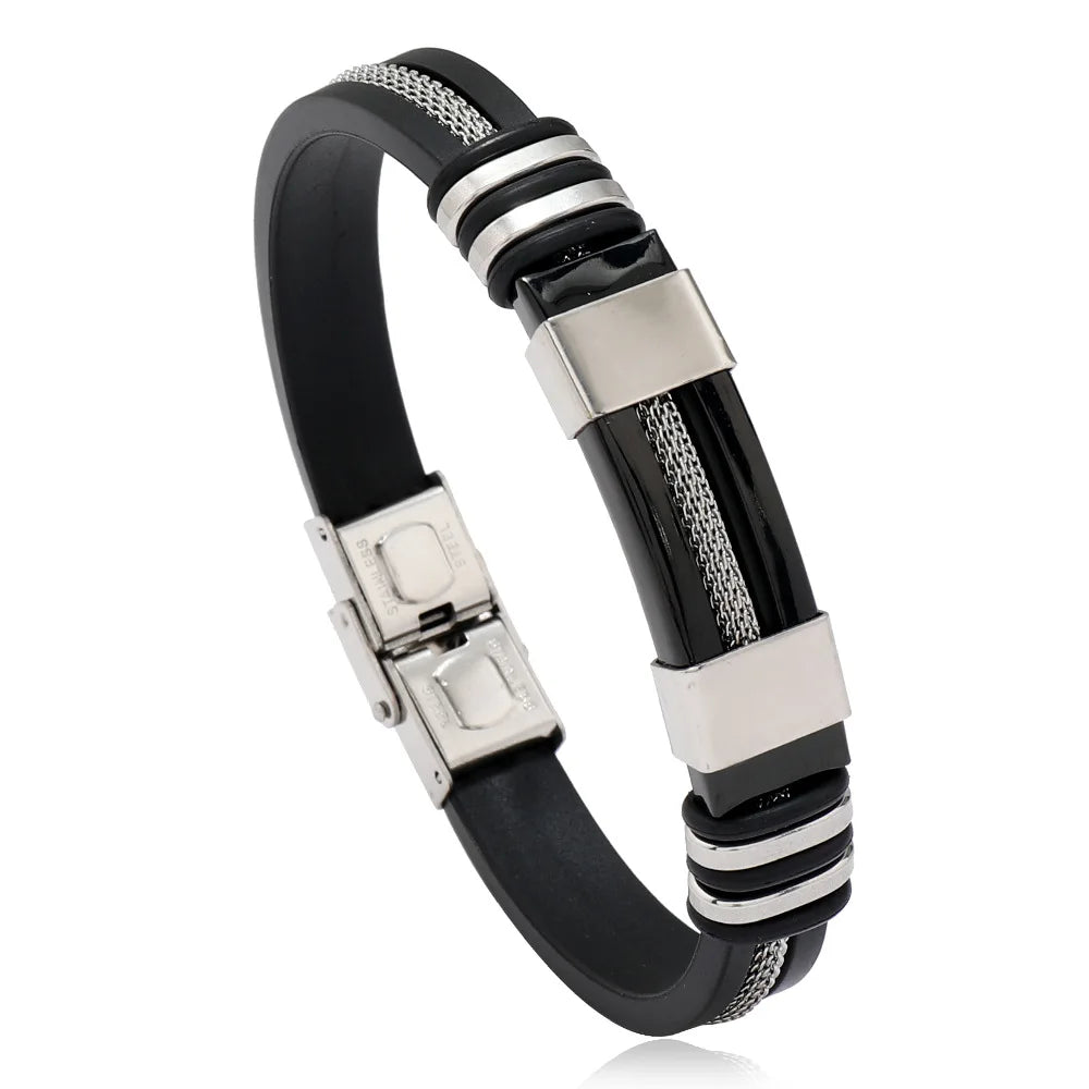 Mens Stainless Steel Leather Bracelet Handmade Hiphop Accessory - Smarsty