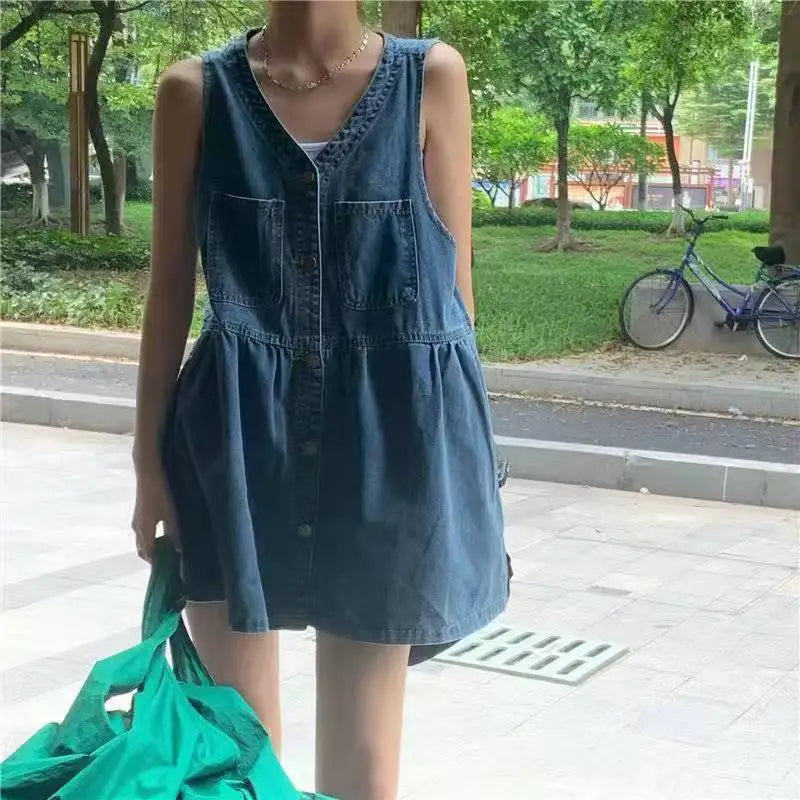 Sleeveless Strap Dress Women Summer Single-Breasted Pockets Denim Dresses Woman Korean Style Loose A Line Mini Dress - Smarsty
