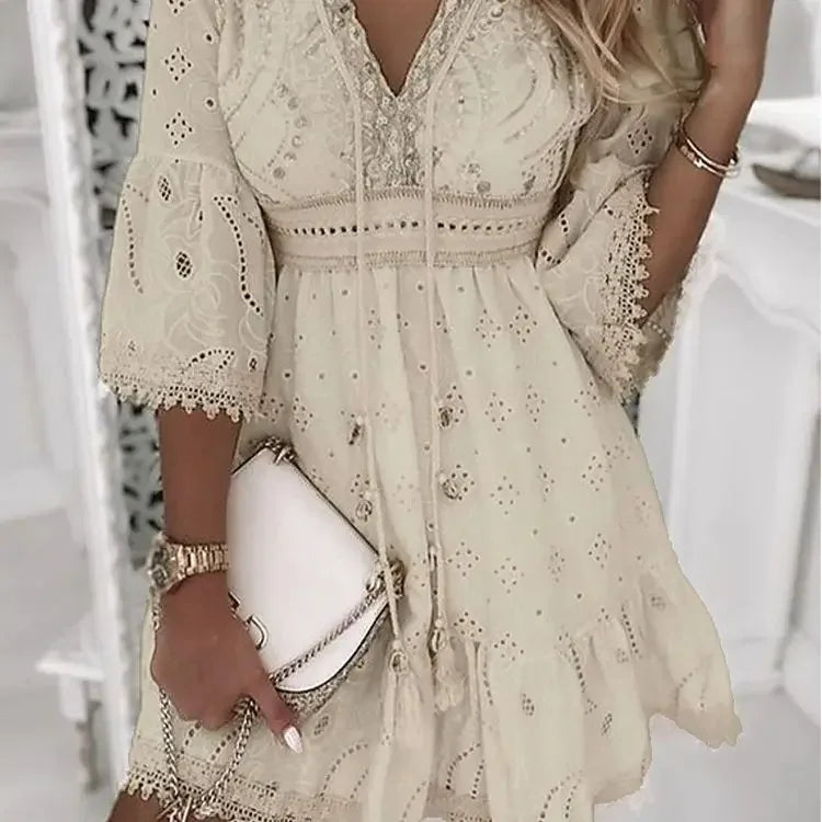 Hollow Out Summer Dress for Women Female V Neck Long Sleeve White Dresses Loose Solid Casual Women Beach Holiday Dress Vestidos - Smarsty