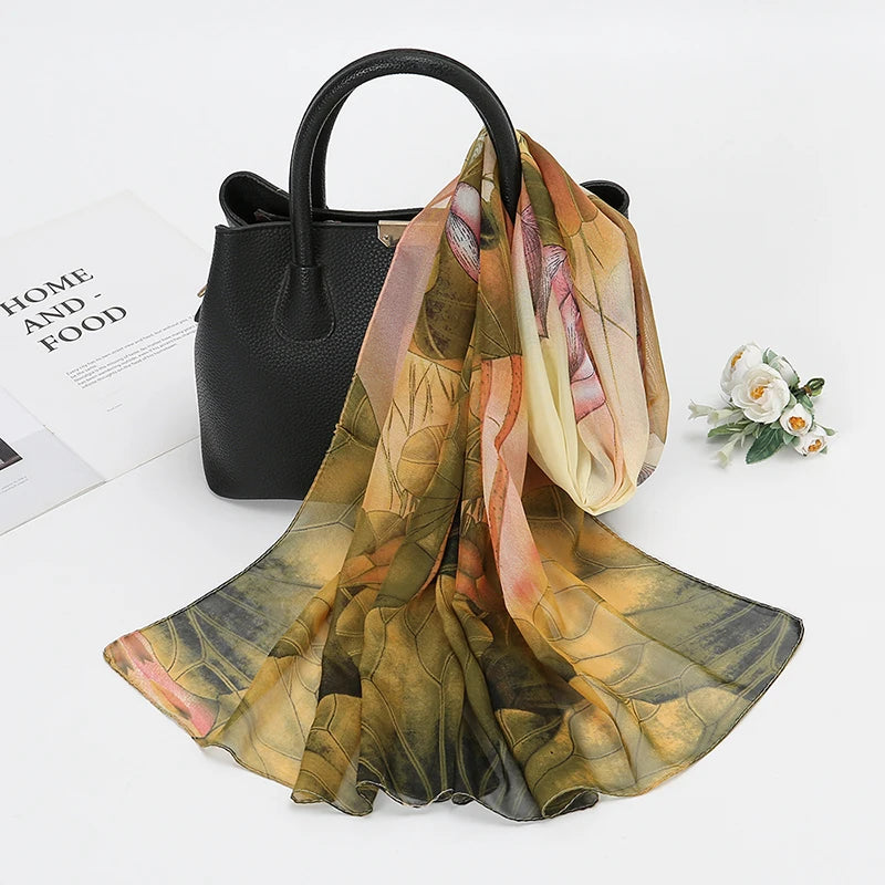Lightweight Silk Lotus Print Scarf for Women Sun Protection - Smarsty