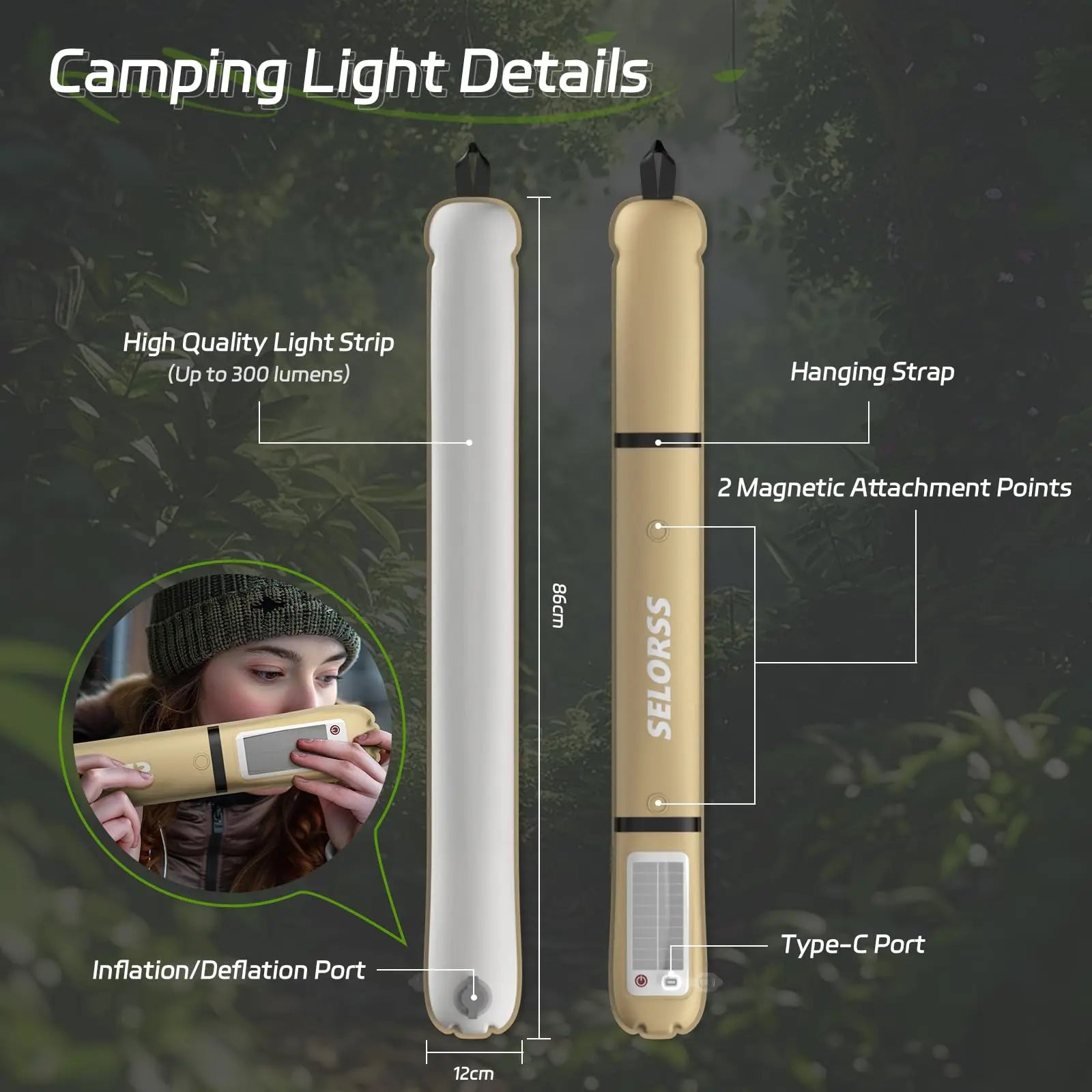 SELORSS Solar Camping Lantern 2000mAh Folding Portable Camping Light Waterproof 3 Warm Light for Hiking Camping Fish USB-Type C