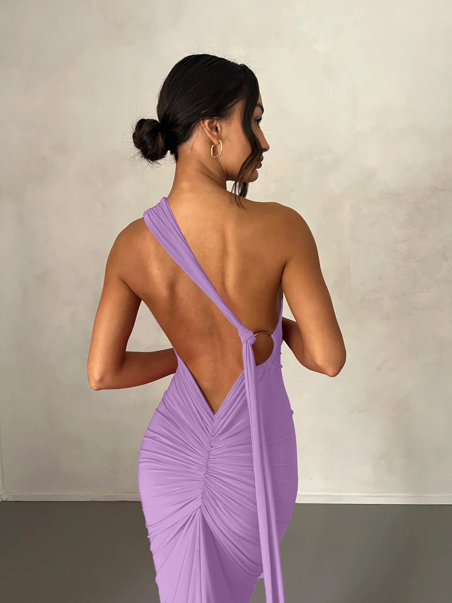 Hugcitar One Shoulder Backless Adjustable Scarf Loop Ruched Sexy Maxi Dress Women Elegant Y2K Streetwear Festival Outfit - Smarsty
