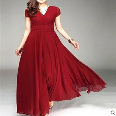 Women's Short-Sleeved Chiffon Evening Dress, Female Party Dress, Monochromatic, Bohemian, Long, Elegant, New, 2022 - Smarsty