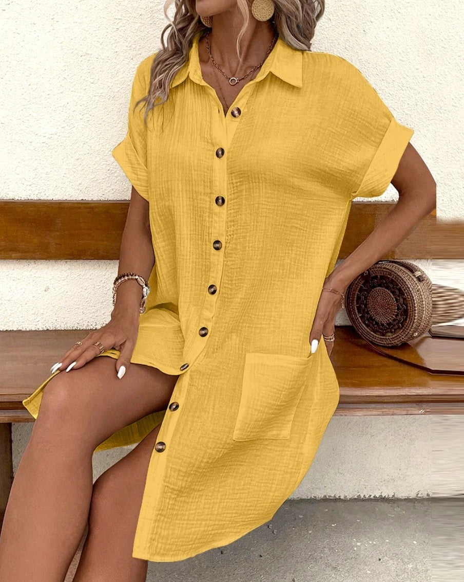 Vintage Women Solid Mini Dress Summer Fashion V-neck Three Quater Sleeve Cotton Linen Dress Ladies Casual Holiday Vestidos - Smarsty
