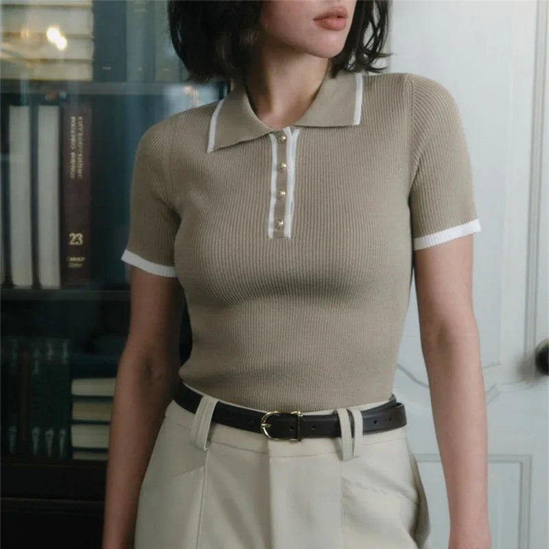 Talenza Women's Knitted Pullover Fashion Short Sleeve Patchwork Sweater Top Elegant Slim Contrast Lapel Knitted Pullover Top - Smarsty