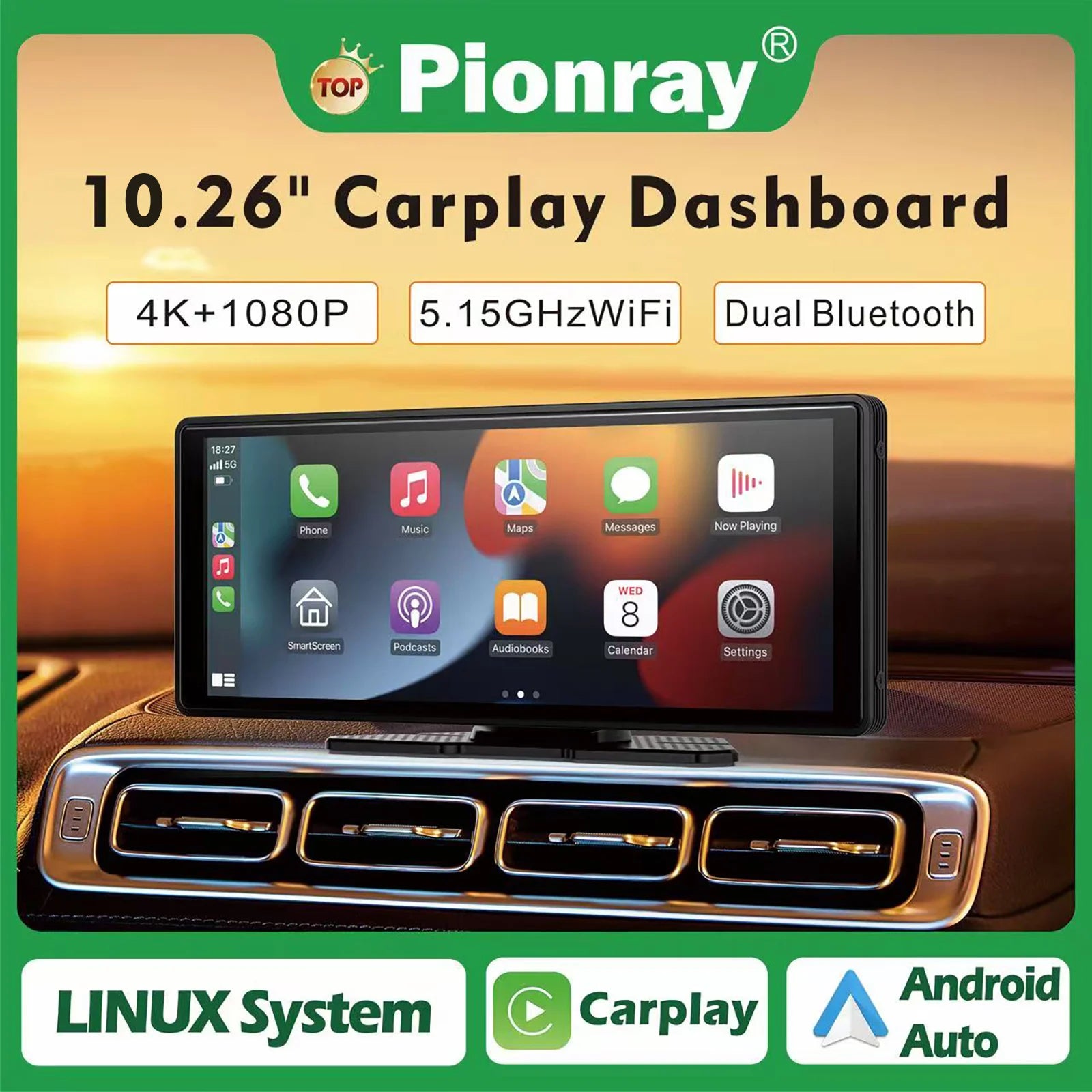 Pionray 10.26 inch Portable 4K Car DVR Wireless Carplay & Android Auto GPS Navigation Video Recorder Dashboard Dual Lens Wifi FM