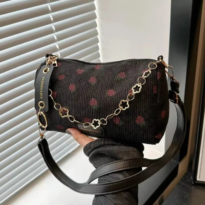 Corduroy Underarm Bag For Women Strawberry Print Mini Tote - Smarsty