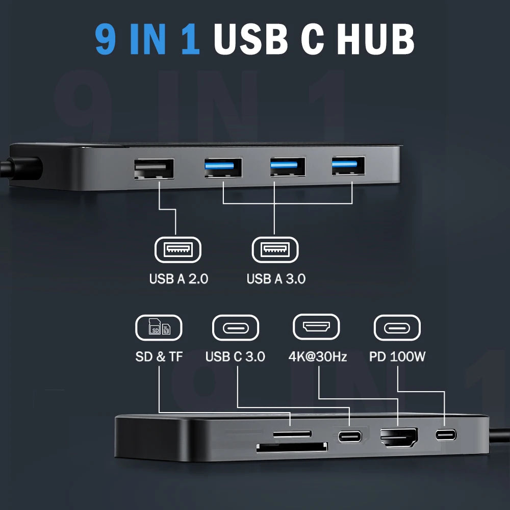Lemorele 9 Ports TC92 USB C Hub Type C Docking Station Adapter 4K 30Hz HDMI 100W PD with SD/TF Card Slot For Macbook Laptop