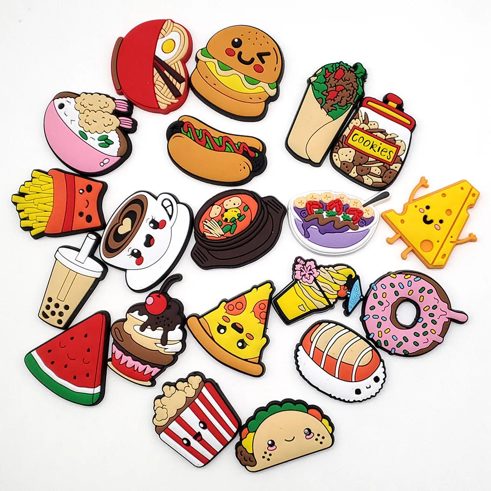 20pcs Food Series Cake Pizza PVC Shoe Charms Accessories Clogs Bubble Slides Sandals Shoe Buckles Decorations Pins Kids Gifts