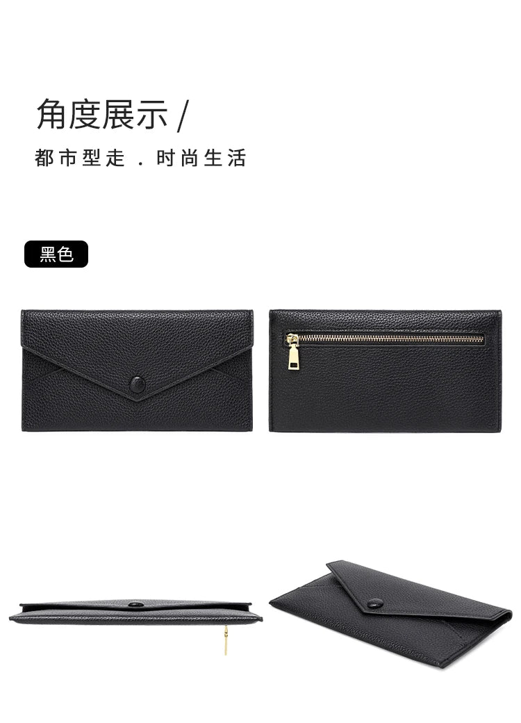 RFID Anti-Theft Purse for Women, Lychee Print, Soft Leather, Envelope Long Wallet, Ultra-thin, Portable, Simple Hand Bag