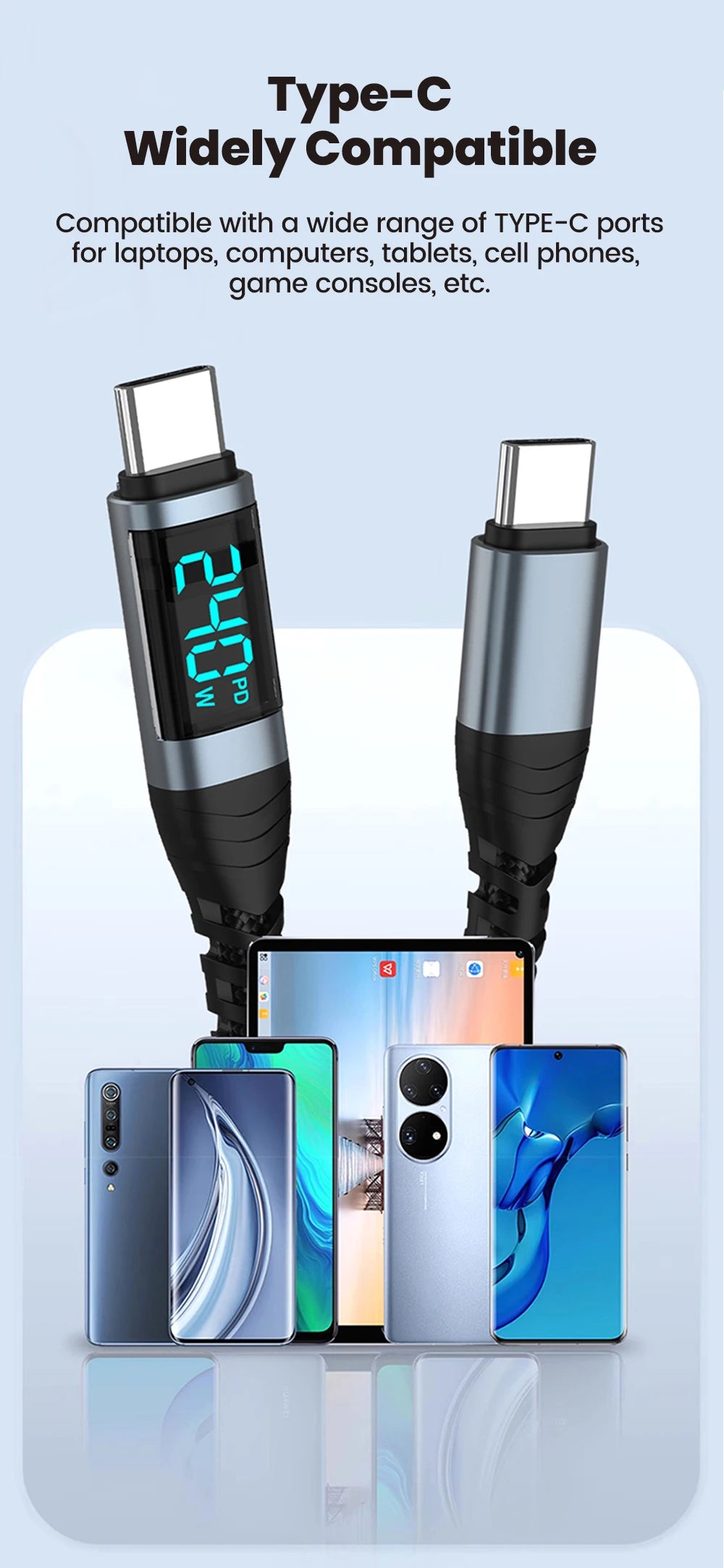 240W Type C to Type C Super Charge Digital Display Cable 0.5m-2m USB C Data Cable For Iphone 15 16 Samsung s24 s23 Huawei Xiaomi - Smarsty