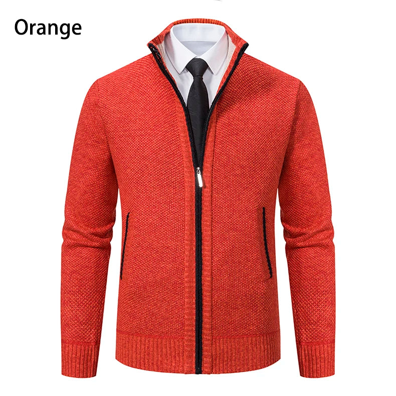 Autumn And Winter New Jersey Men's Casual Sports Coat Solid Color Stand Collar Wweater Grab Fleece Warm Zipper Cardigan - Smarsty