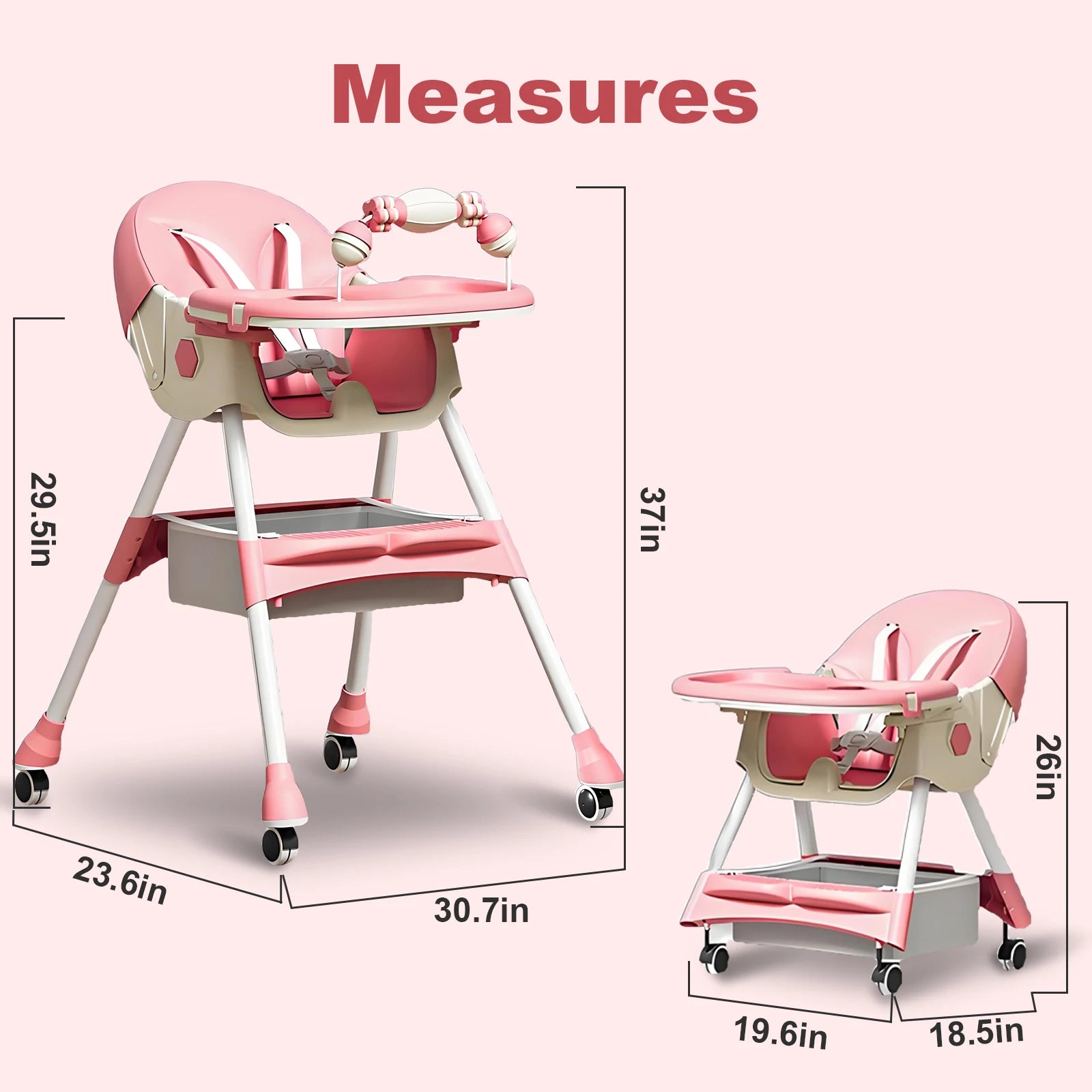Foldable Baby High Chair 4-in-1 Foldable Reclining Feeding Table Chair Seat 7 Heights With Toyrack Easy To Clean Feeding