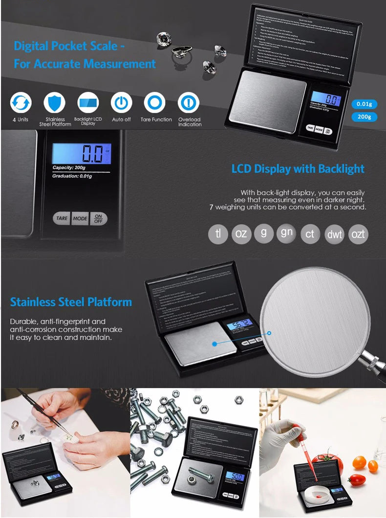 0.01g Jewelry Mini Stainless Steel Electronic Scale Digital Pocket Scale Gold Gram Balance Weight Scale Portable Pocket Scale