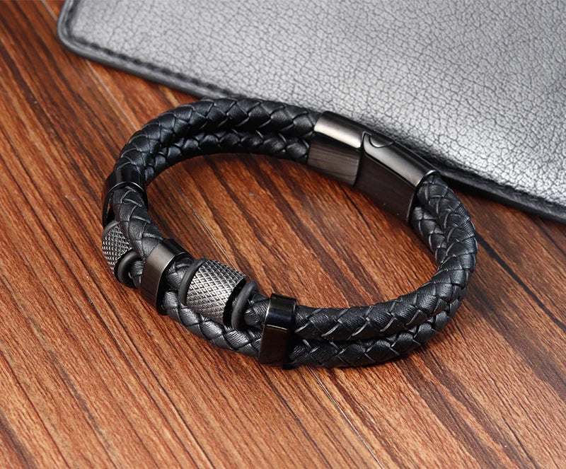 Men's Leather Charm Bracelet Stainless Steel Magnetic Clasp - Smarsty
