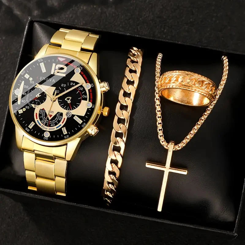 Gold Alloy Men's Quartz Watch and Cross Jewelry Set - Smarsty
