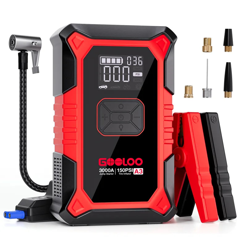 GOOLOO A3 Jump Starter with Air Compressor, 3000A Portable Car Battery Booster (9.0 Gas/6.5L Diesel) with 150PSI Auto-Shutoff Ti