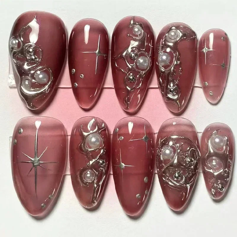 24Pcs Pink Almond False Nails with French Design - Smarsty