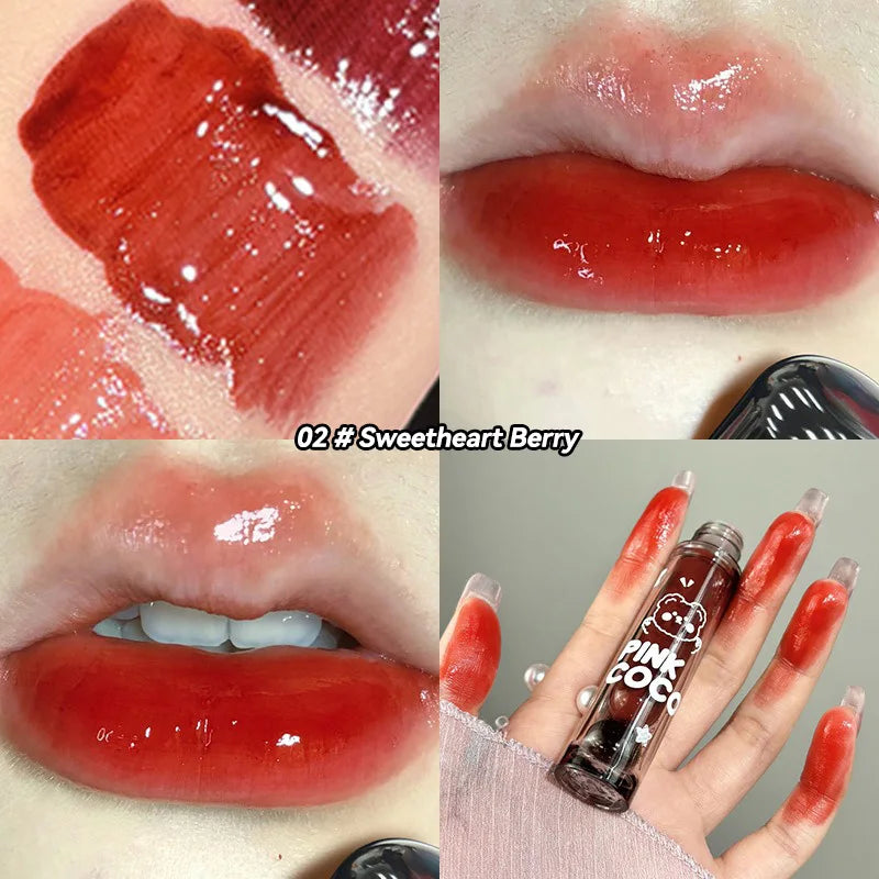 Pinkcoco Bear Doodle Mirror Lip Glaze Long Lasting Shine - Smarsty